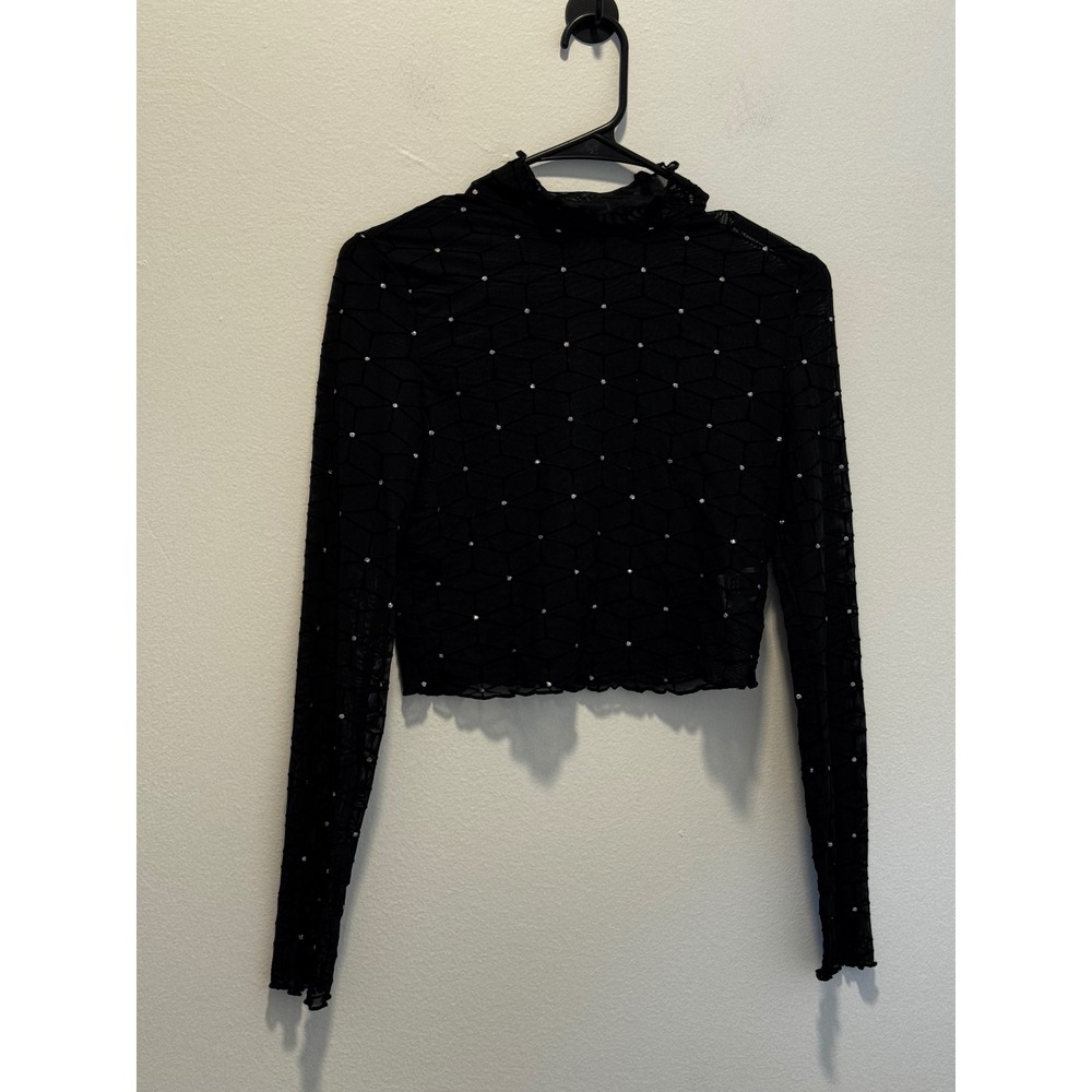 SHEIN Black Mesh Rhinestone Geometric Mock Neck Crop Top Long Sleeve Womens M 6